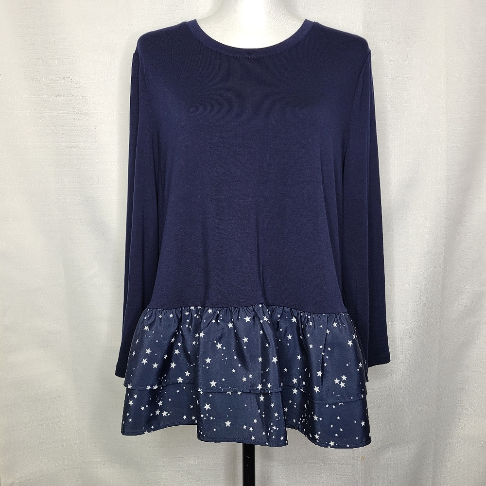 Kate Spade Boome Street 3/4 Sleeve Top Size Large Navy Blue Star Print Ruffles